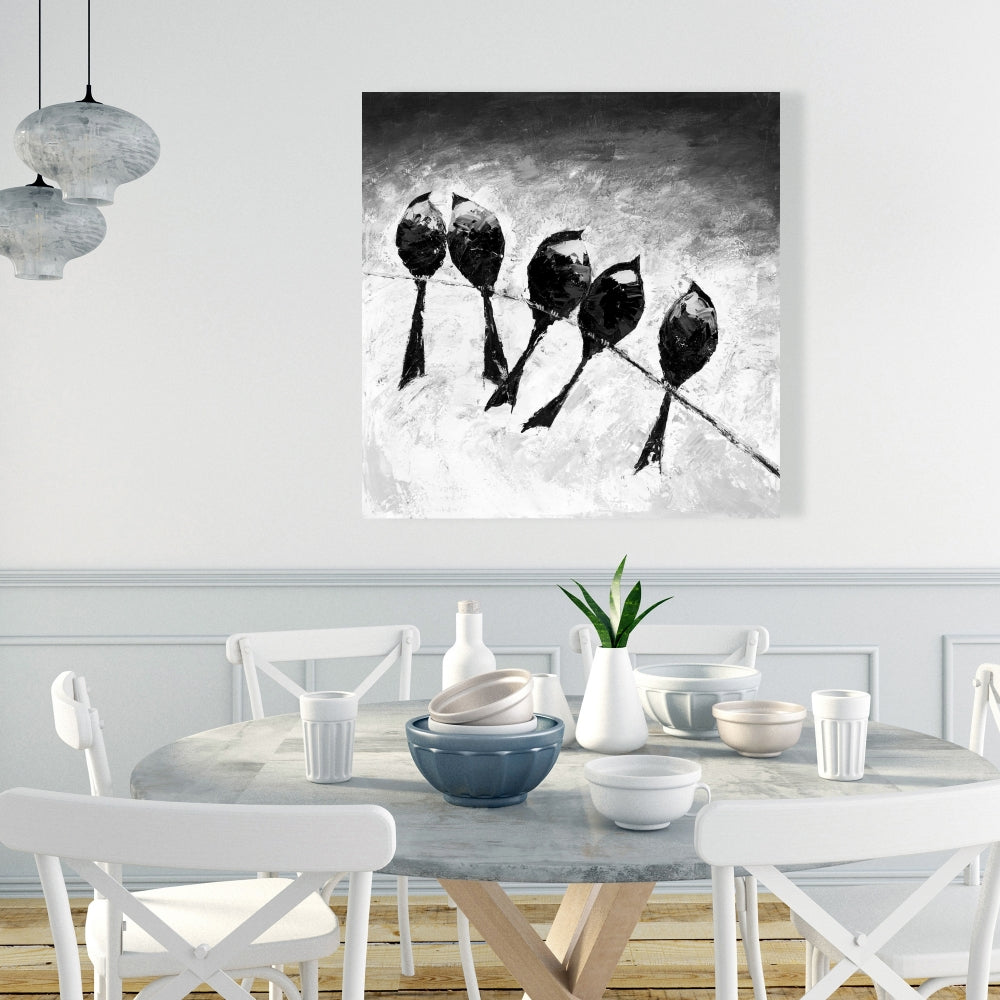 Five Birds Perched Canvas | White Monochrome Bedroom Decor