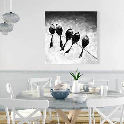 Five Birds Perched Canvas | White Monochrome Bedroom Decor