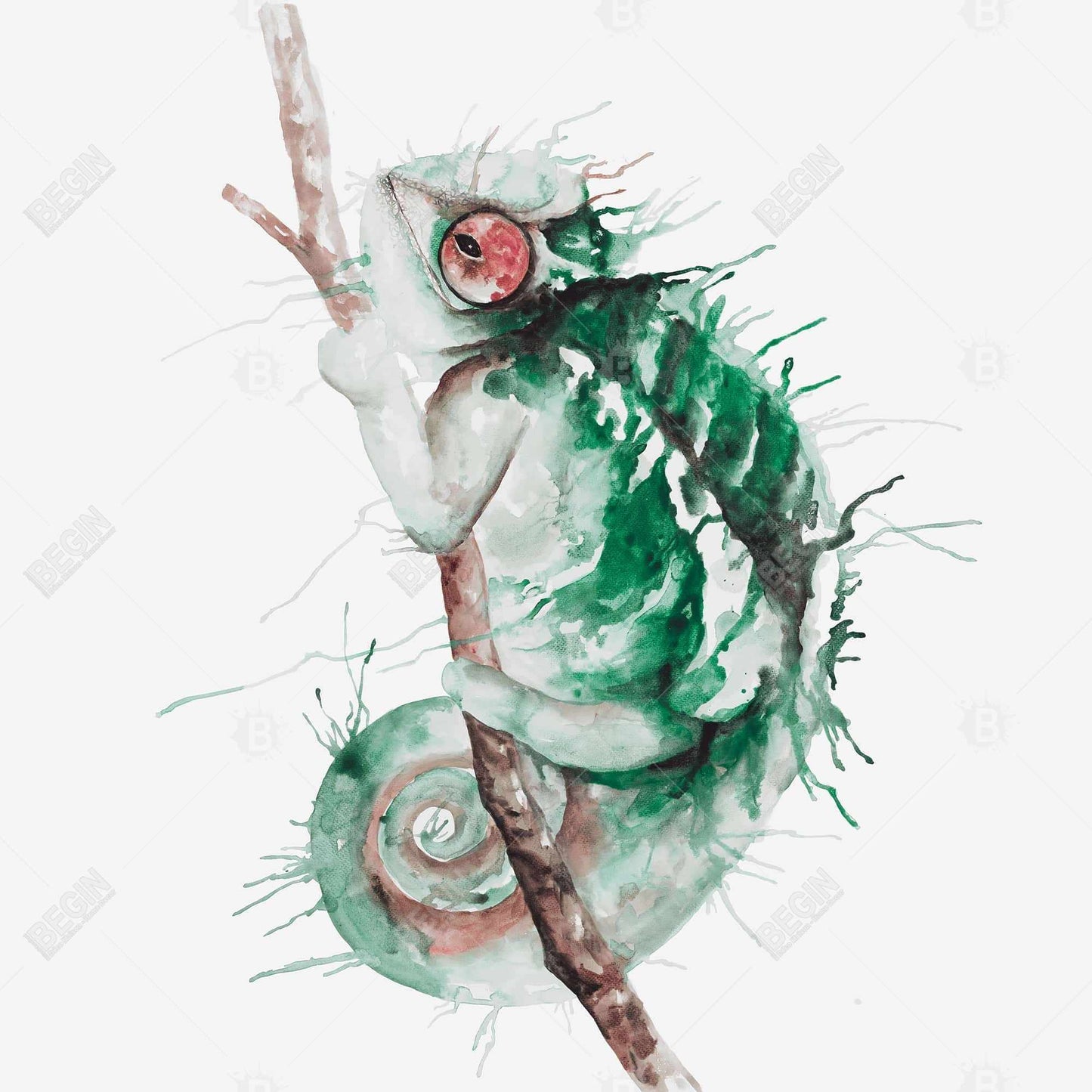 Toile aquarelle exotique caméléon | Décoration de salon verte