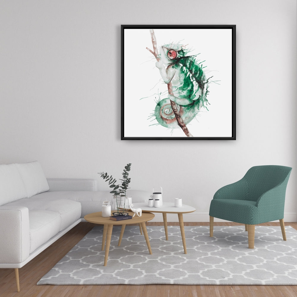 Toile aquarelle exotique caméléon | Décoration de salon verte