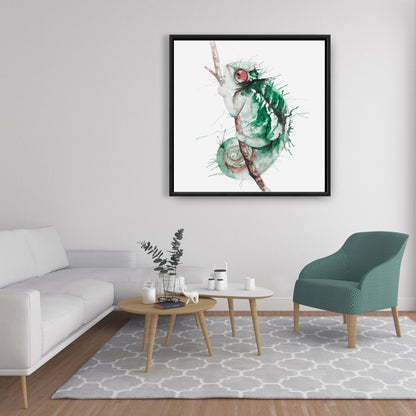 Toile aquarelle exotique caméléon | Décoration de salon verte