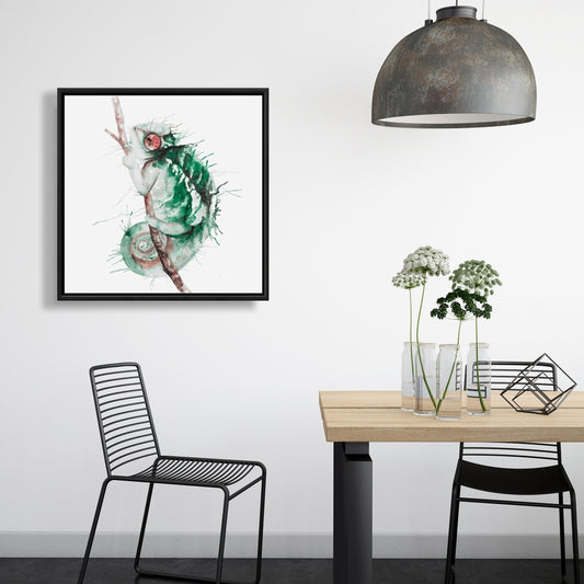 Toile aquarelle exotique caméléon | Décoration de salon verte