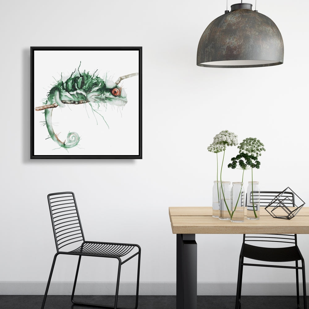 Caméléon à l'affût - Toile décorative encadrée exotique verte