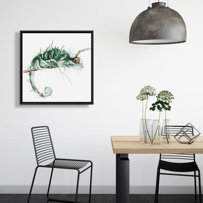 Caméléon à l'affût - Toile décorative encadrée exotique verte
