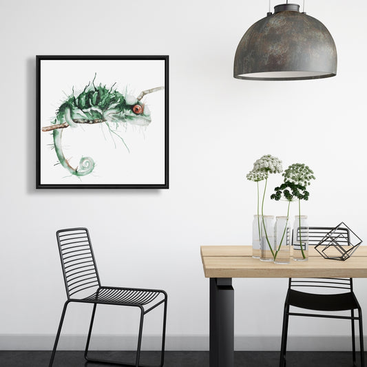 Caméléon à l'affût - Toile décorative encadrée exotique verte