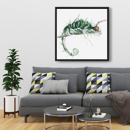 Caméléon à l'affût - Toile décorative encadrée exotique verte