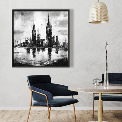 Toile monochrome Paysage urbain | Décoration de chambre avec cadre blanc