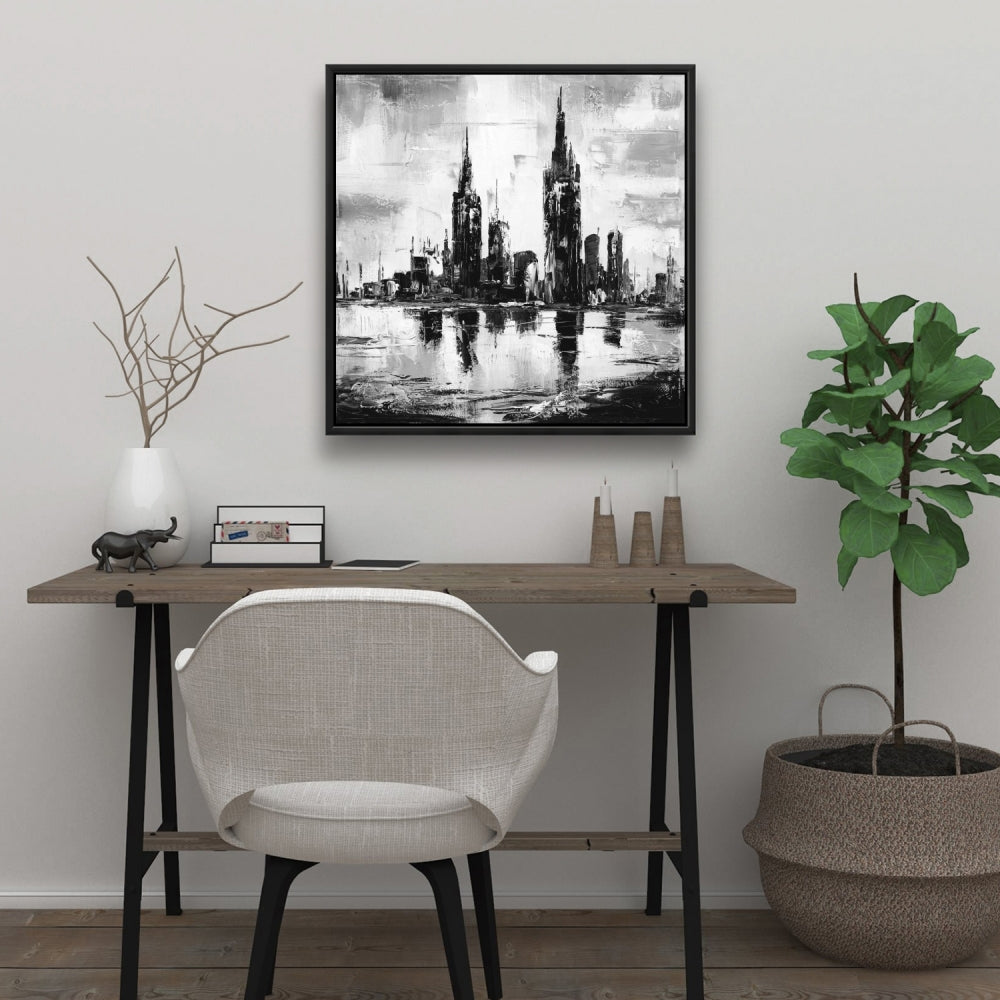 Toile monochrome Paysage urbain | Décoration de chambre avec cadre blanc