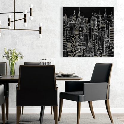 Illustrative City Towers Black Canvas - Living Room Decor