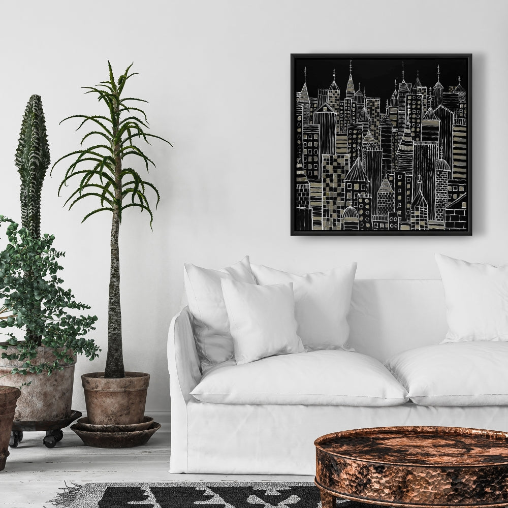 Toile illustrative de tours urbaines – Décoration murale encadrée pour la maison
