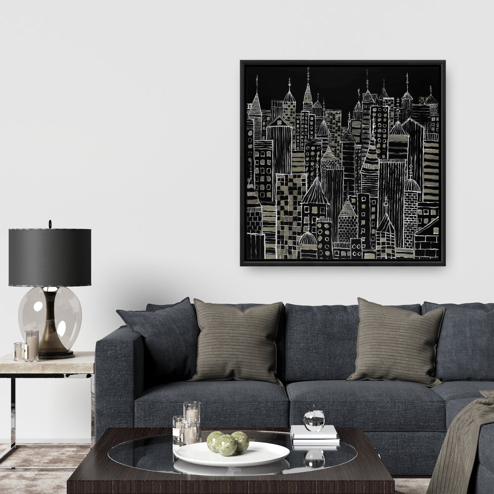 Toile illustrative de tours urbaines – Décoration murale encadrée pour la maison