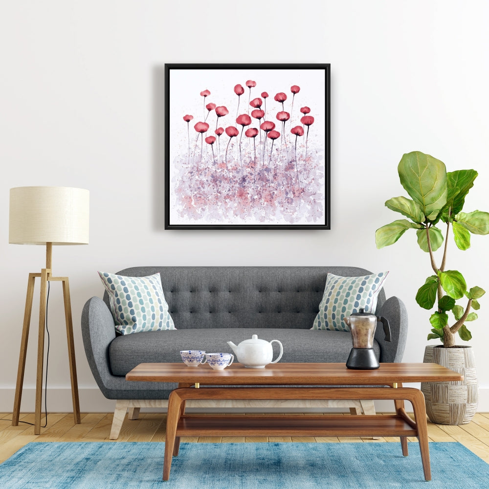 Fleurs roses dans un champ | Toile encadrée décorative botanique florale