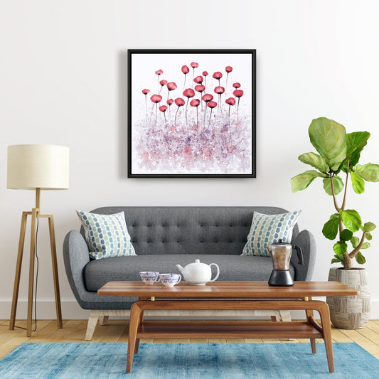 Fleurs roses dans un champ | Toile encadrée décorative botanique florale