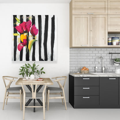 Toile à fleurs roses sur rayures noires | Décoration de chambre botanique