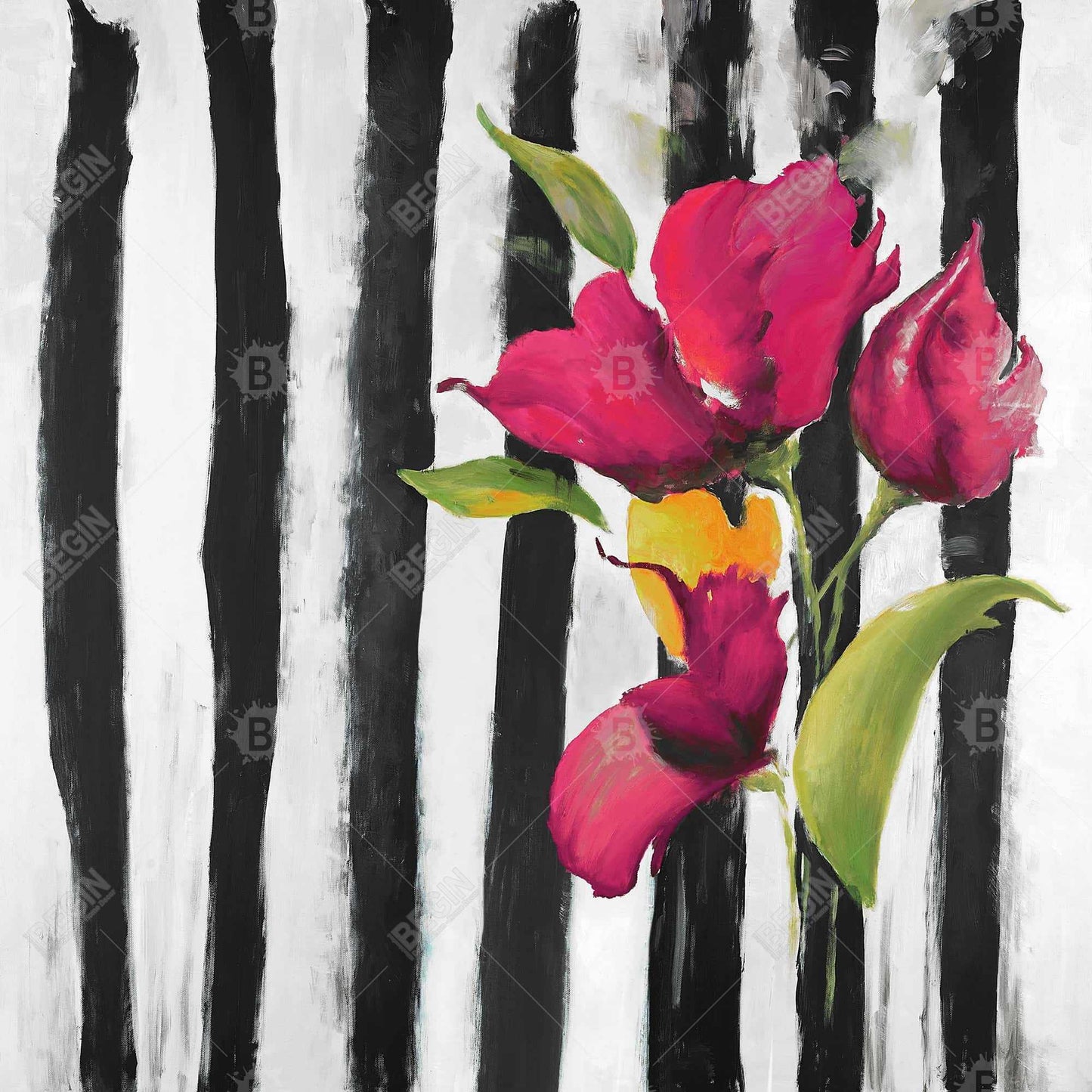 Botanical White Floral Canvas - Flowers on Black & White Stripes