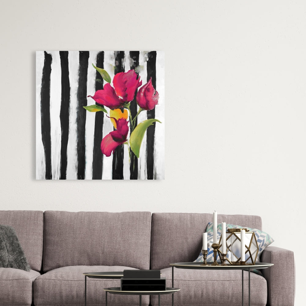 Botanical White Floral Canvas - Flowers on Black & White Stripes