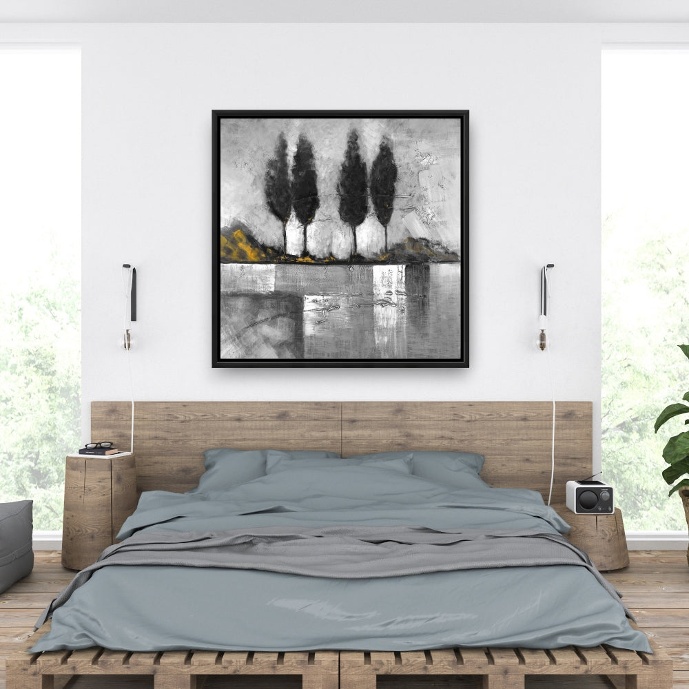 Paysage industriel en nuances de gris | Toile murale avec arbres gris