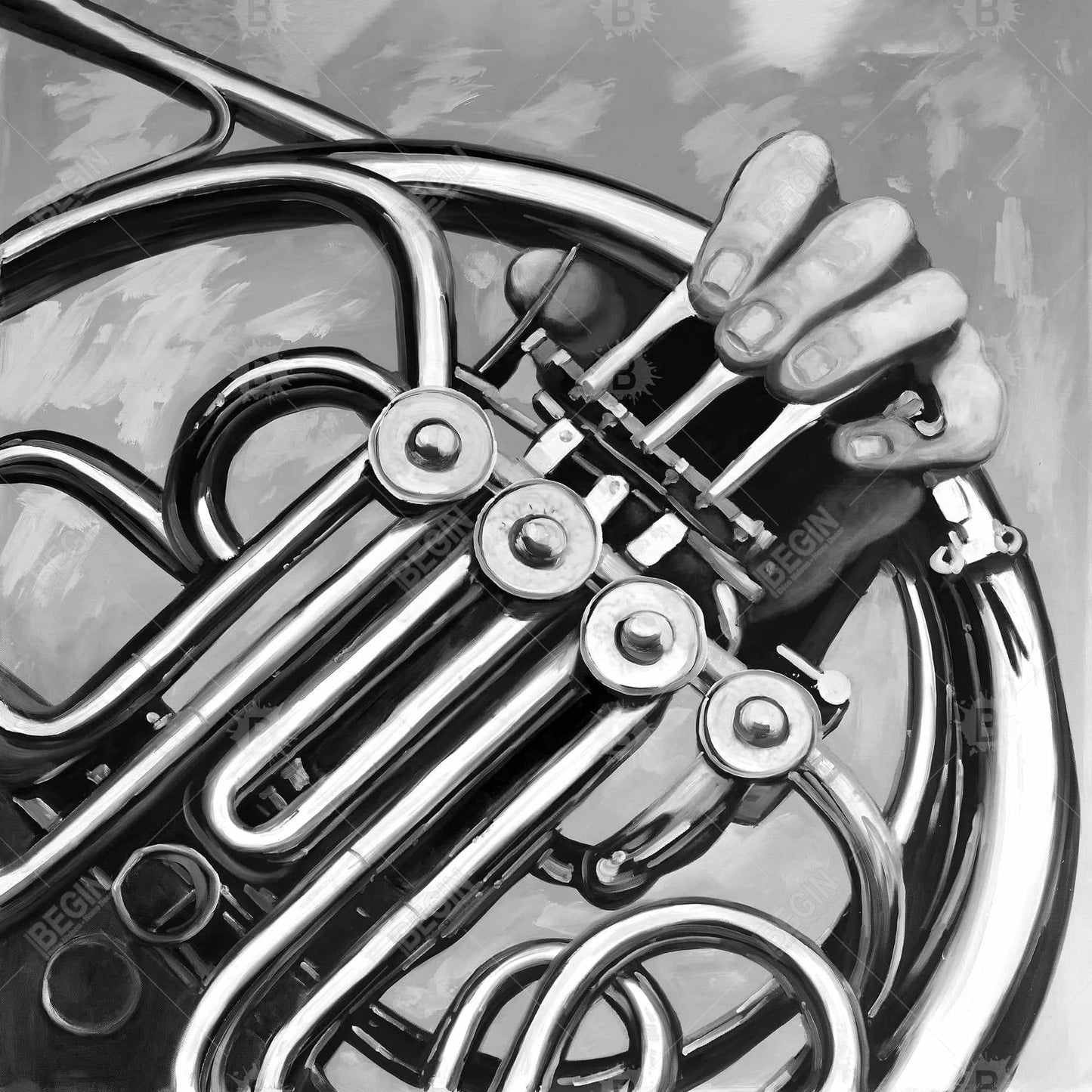 Musician with French Horn Monochrome Canvas - Home Decor