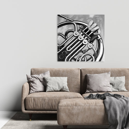 Toile monochrome « Musicien au cor français » - Décoration d'intérieur