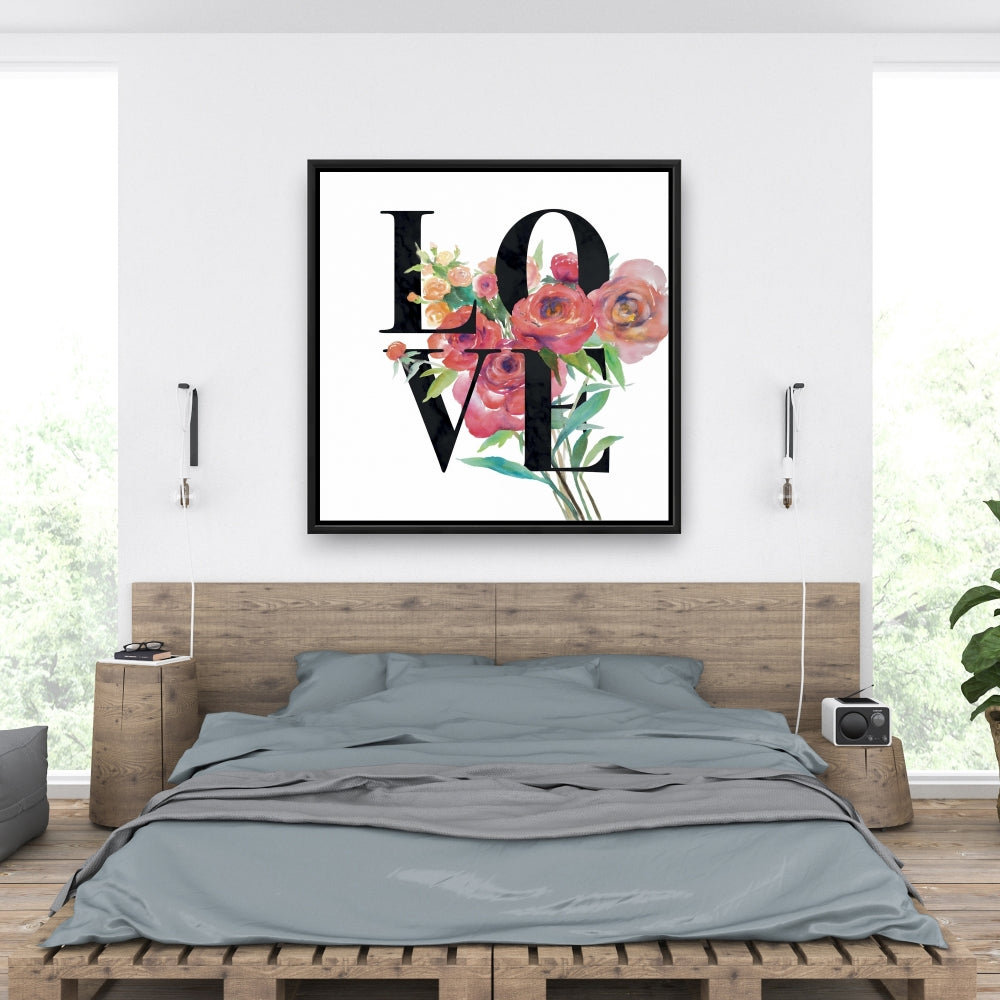 Toile « Love Black Leaves » | Décoration de chambre avec cadre noir