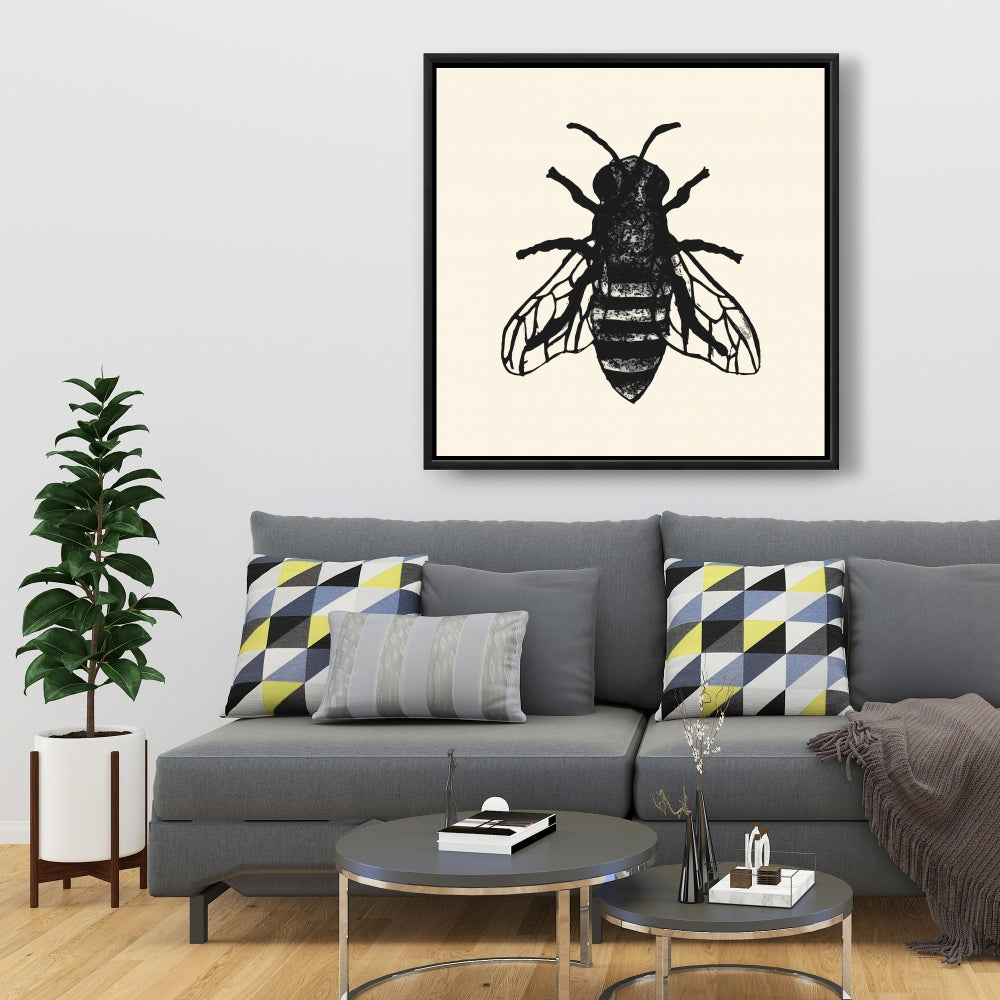Toile murale abeille | Décoration industrielle encadrée, motif animal noir