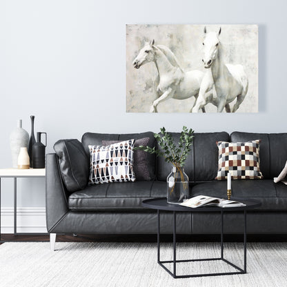 Two White Horse Running Canvas | Western Home Decor Art