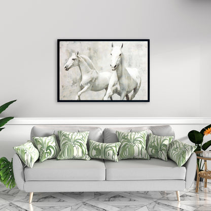 Two White Horses Running | Farm Animals Framed Canvas Decor