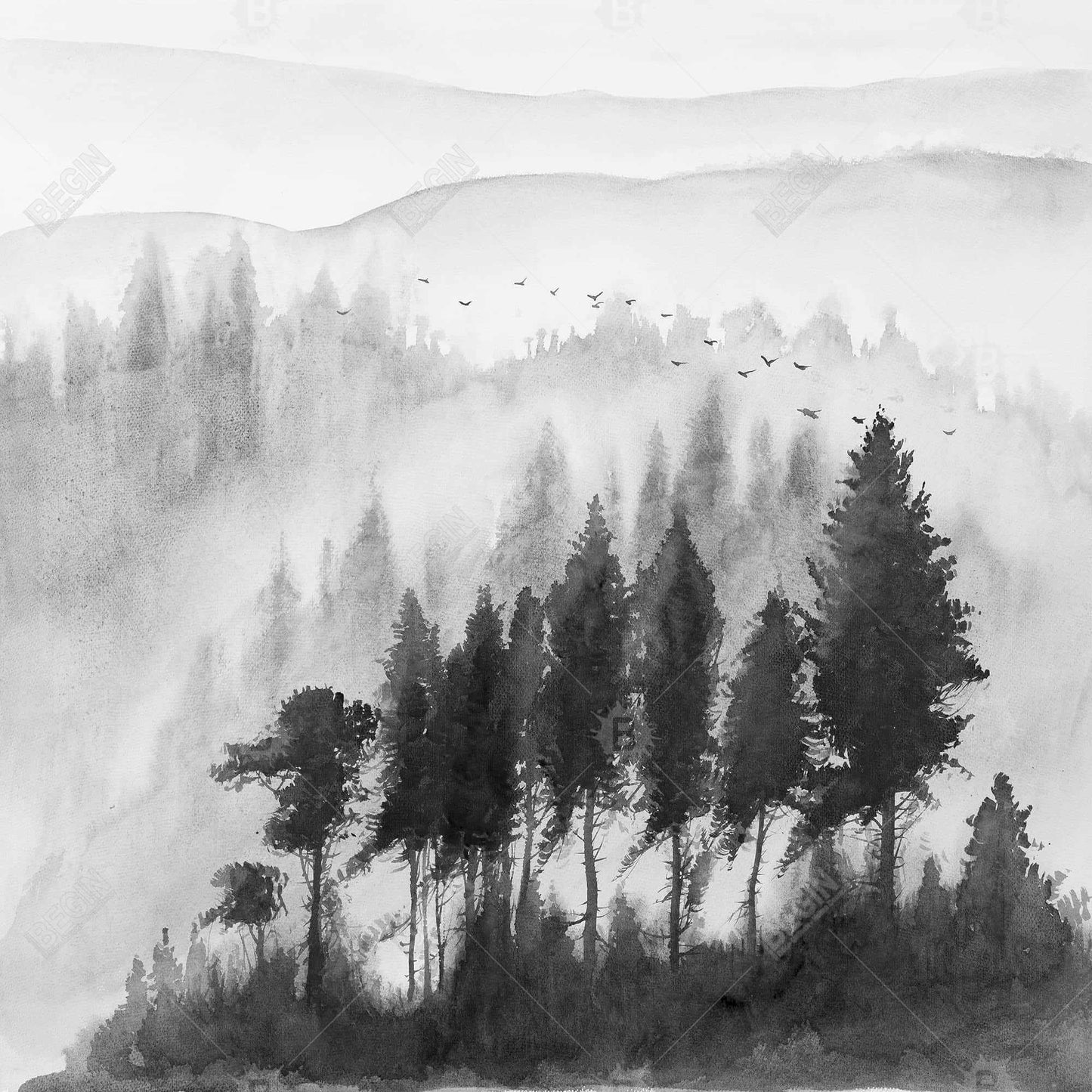 Mono Mountains Gray Canvas | Watercolor Landscape Decor