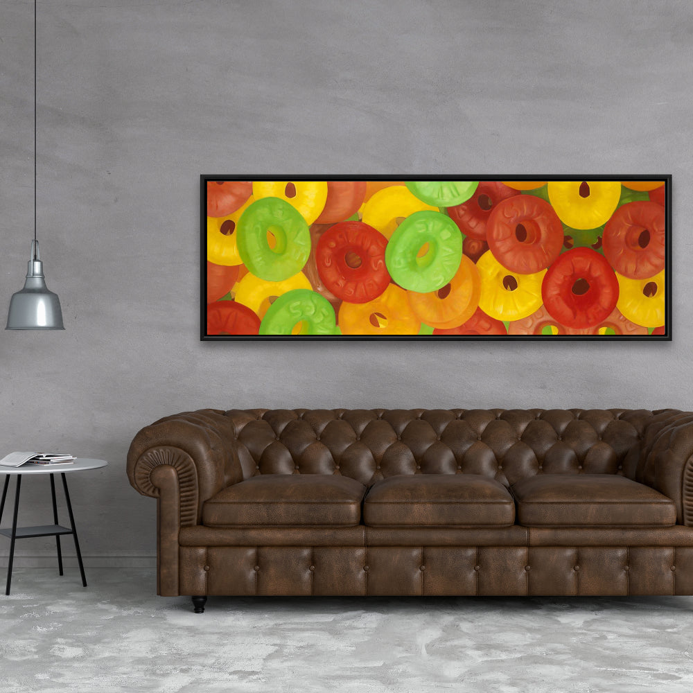 Toile de jujubes colorés - Décoration de cuisine jaune encadrée