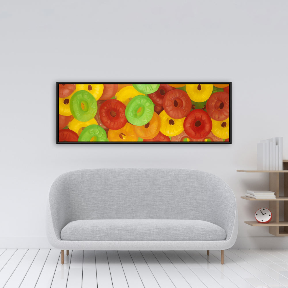 Toile de jujubes colorés - Décoration de cuisine jaune encadrée