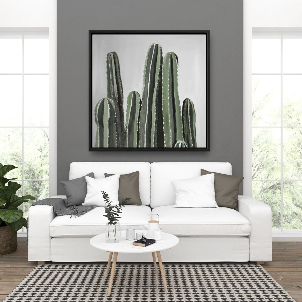 Décoration sur toile encadrée représentant un cactus et une bougie botanique florale grise