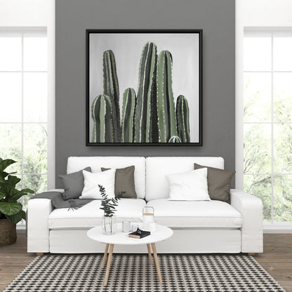 Décoration sur toile encadrée représentant un cactus et une bougie botanique florale grise