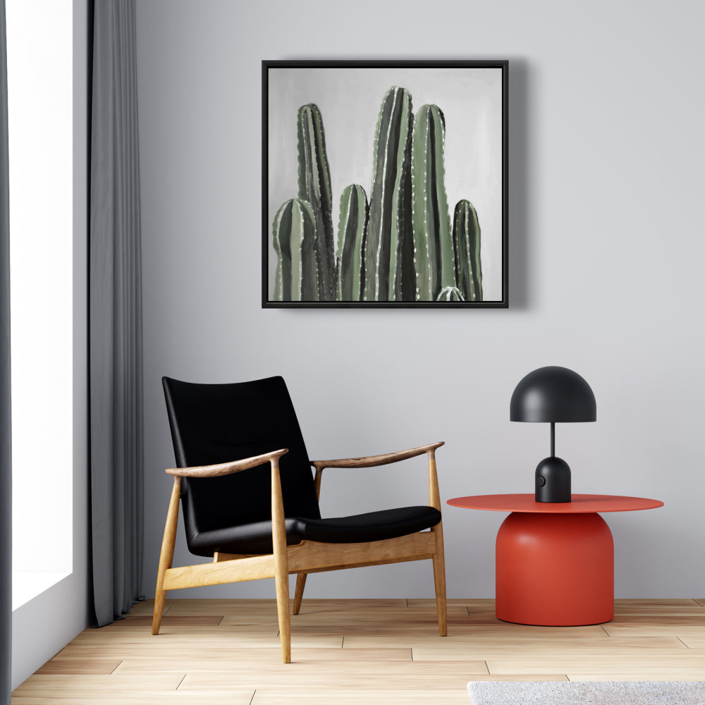 Décoration sur toile encadrée représentant un cactus et une bougie botanique florale grise