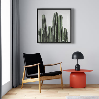Décoration sur toile encadrée représentant un cactus et une bougie botanique florale grise
