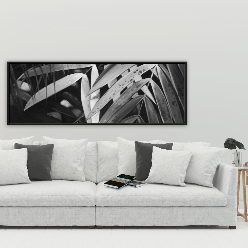 Monochrome Tropical Leaves Canvas | White Floral Bedroom Decor