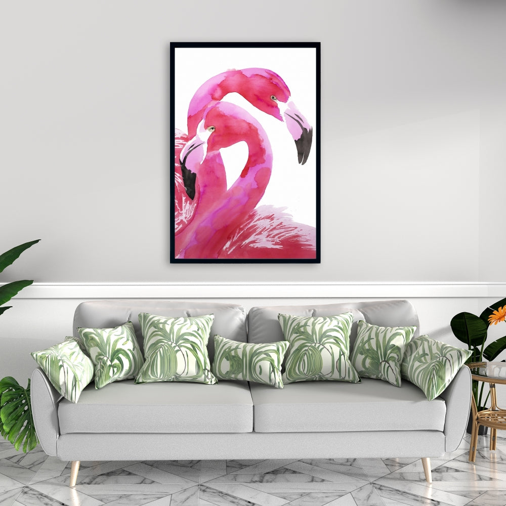 Aquarelle Flamingo Love - Toile encadrée avec oiseau rose