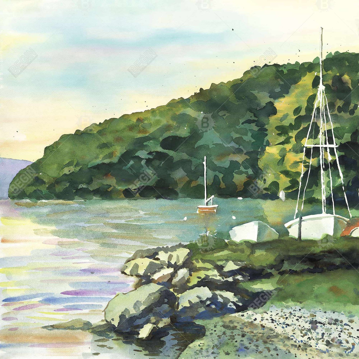 Sailboat Day Green Coastal Canvas | Home Decor Framed Art