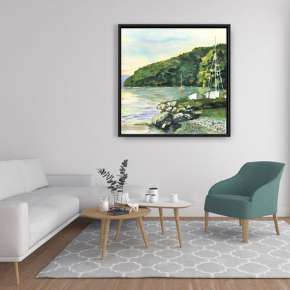 Sailboat Day Green Coastal Canvas | Home Decor Framed Art