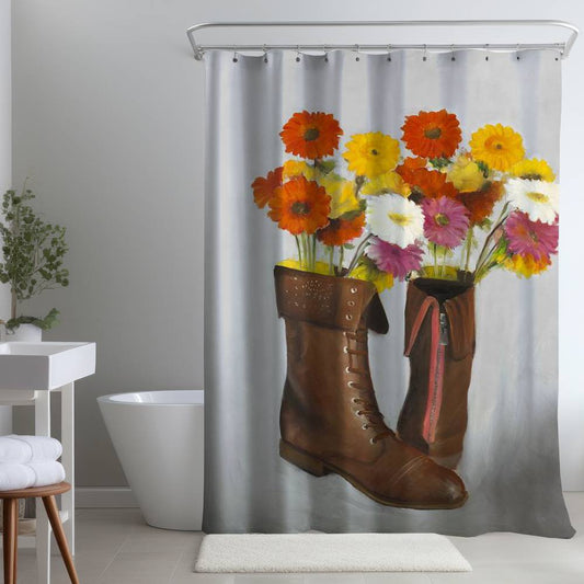 Brown Shoes Bedroom Shower Curtain - Boots with Daisies Design