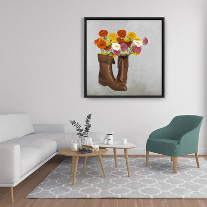 Chaussures rustiques marron en toile - Bottes avec marguerites - Décoration d'intérieur