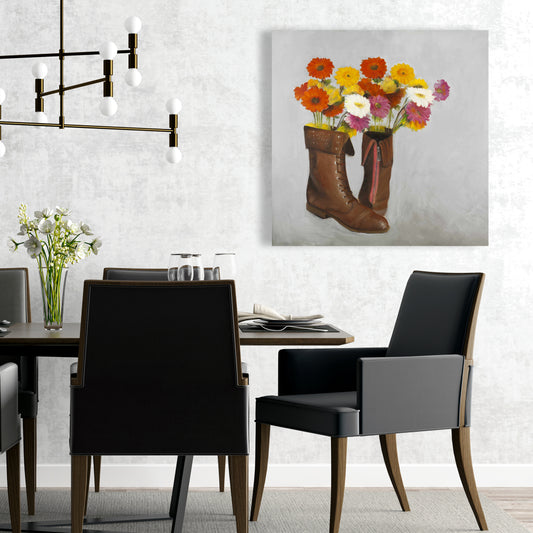 Toile florale marron pour chambre à coucher – Décoration d'intérieur avec bottes et marguerites