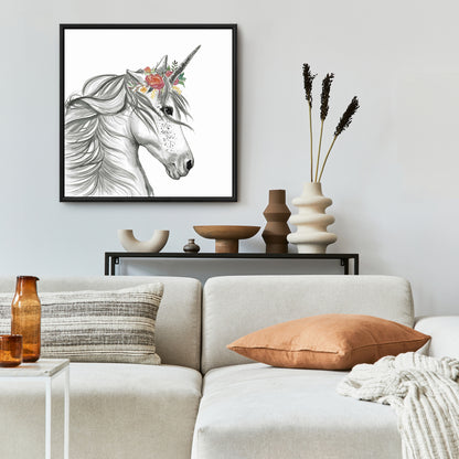 Toile Licorne Magique | Cadre Blanc | Décoration de Chambre Cheval