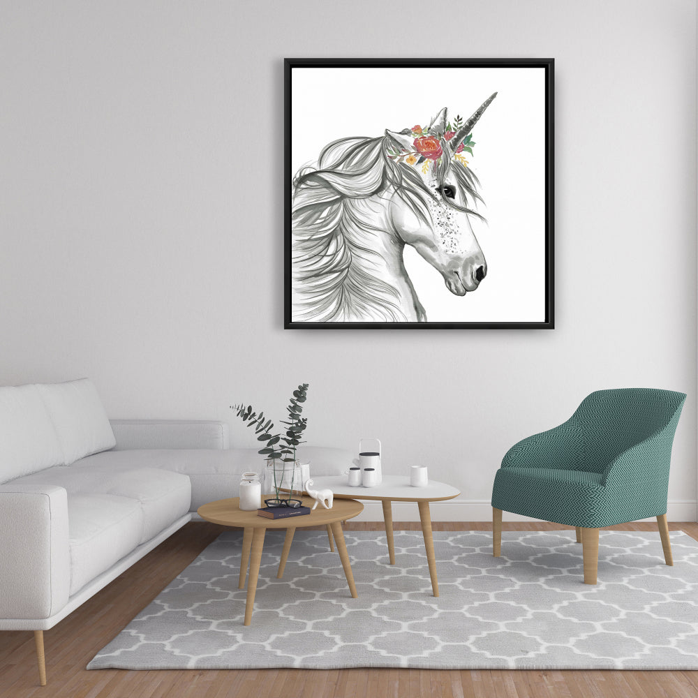 Toile Licorne Magique | Cadre Blanc | Décoration de Chambre Cheval