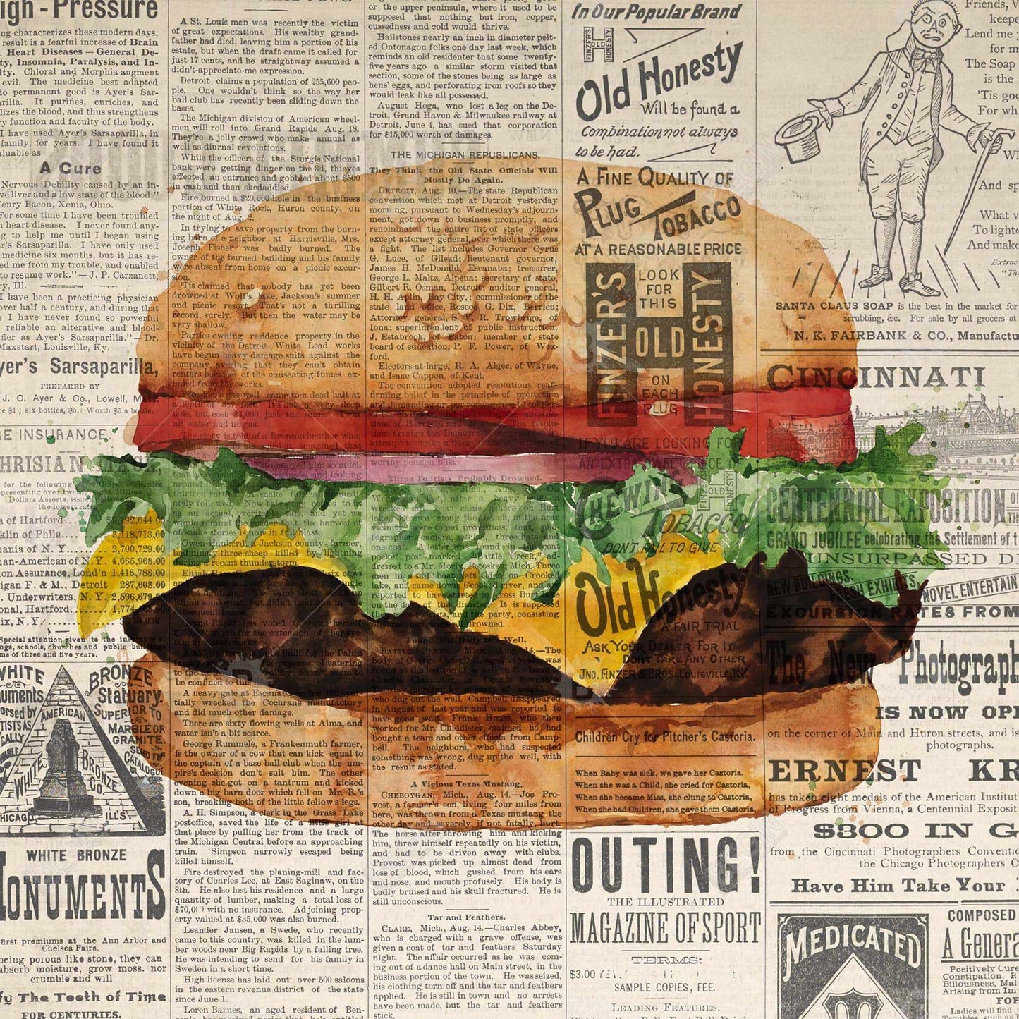 Toile vintage Cheeseburger | Décoration de cuisine américaine