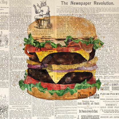 Toile vintage « Double Cheeseburger » | Décoration d'intérieur encadrée