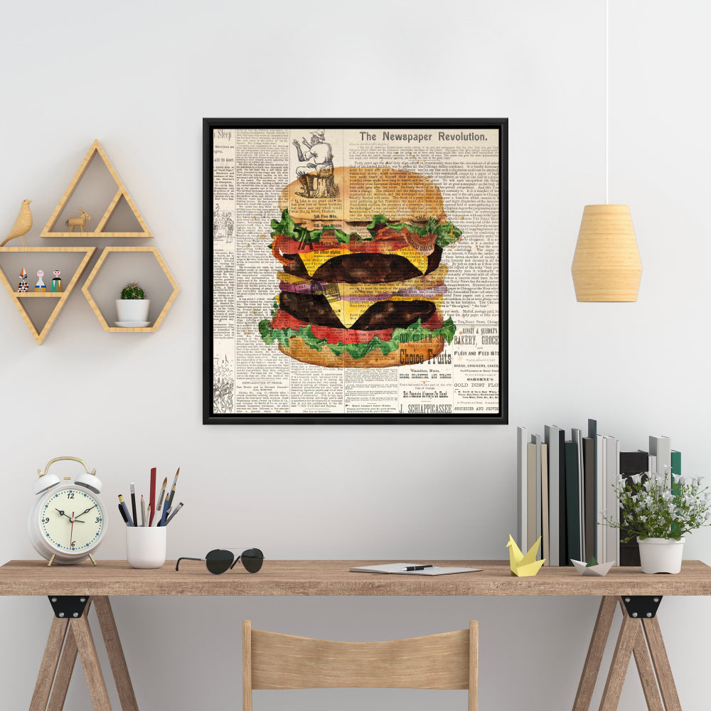 Toile vintage « Double Cheeseburger » | Décoration d'intérieur encadrée