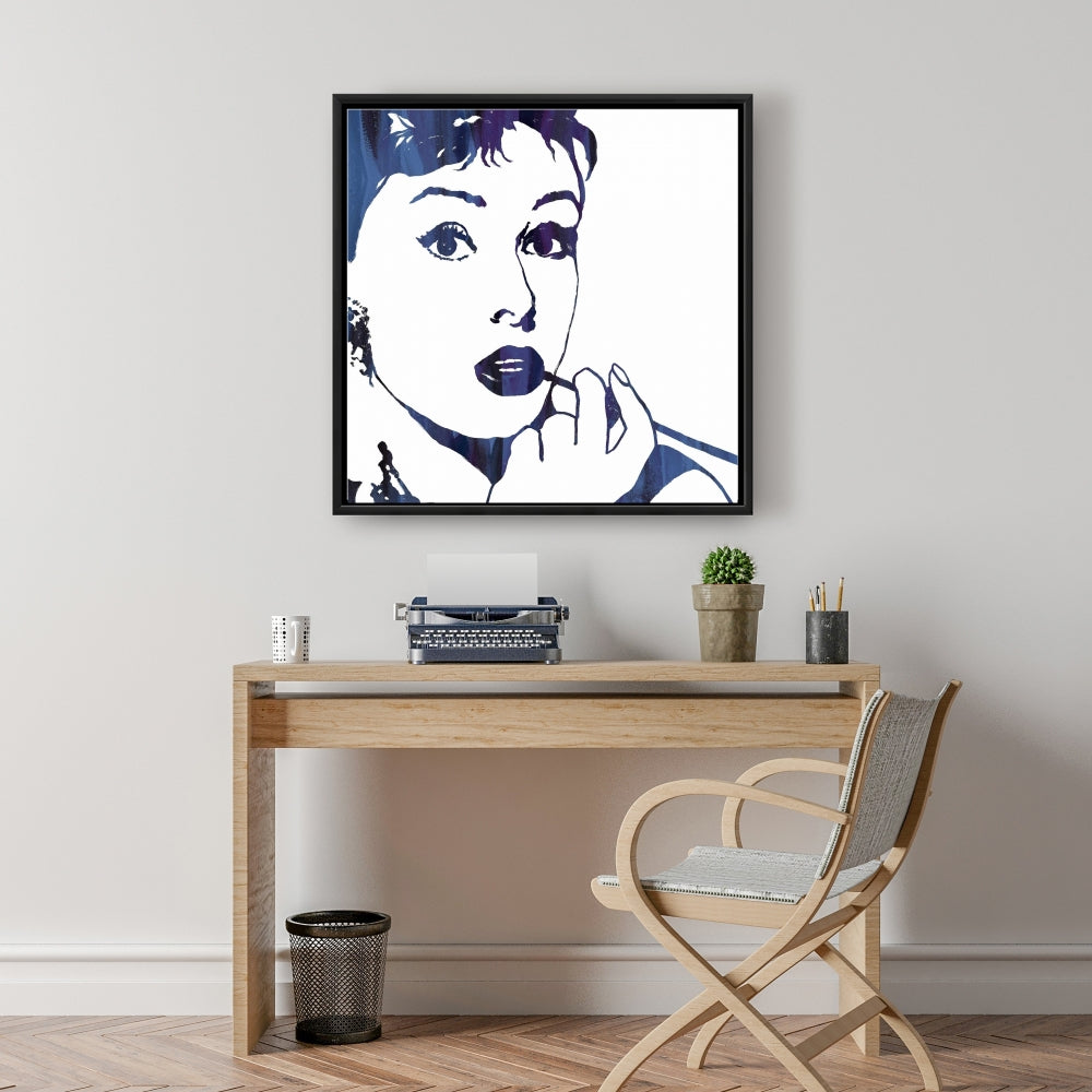 Blue Figurative Bedroom Framed Canvas - Audrey Hepburn Decor