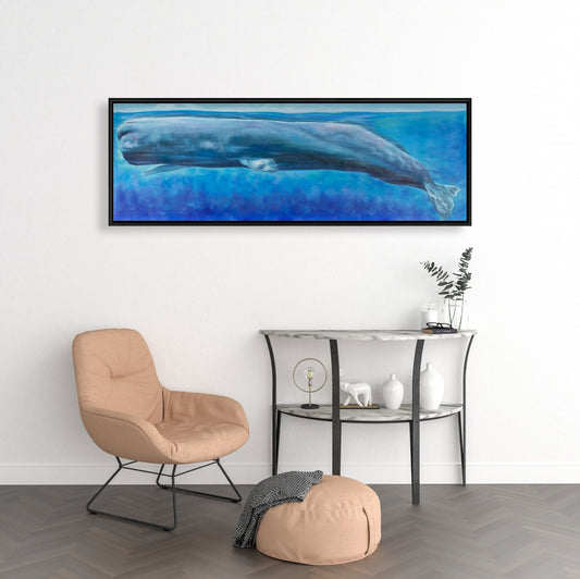 Sperm Whale Framed Canvas | Blue Aquatic Animals Decor