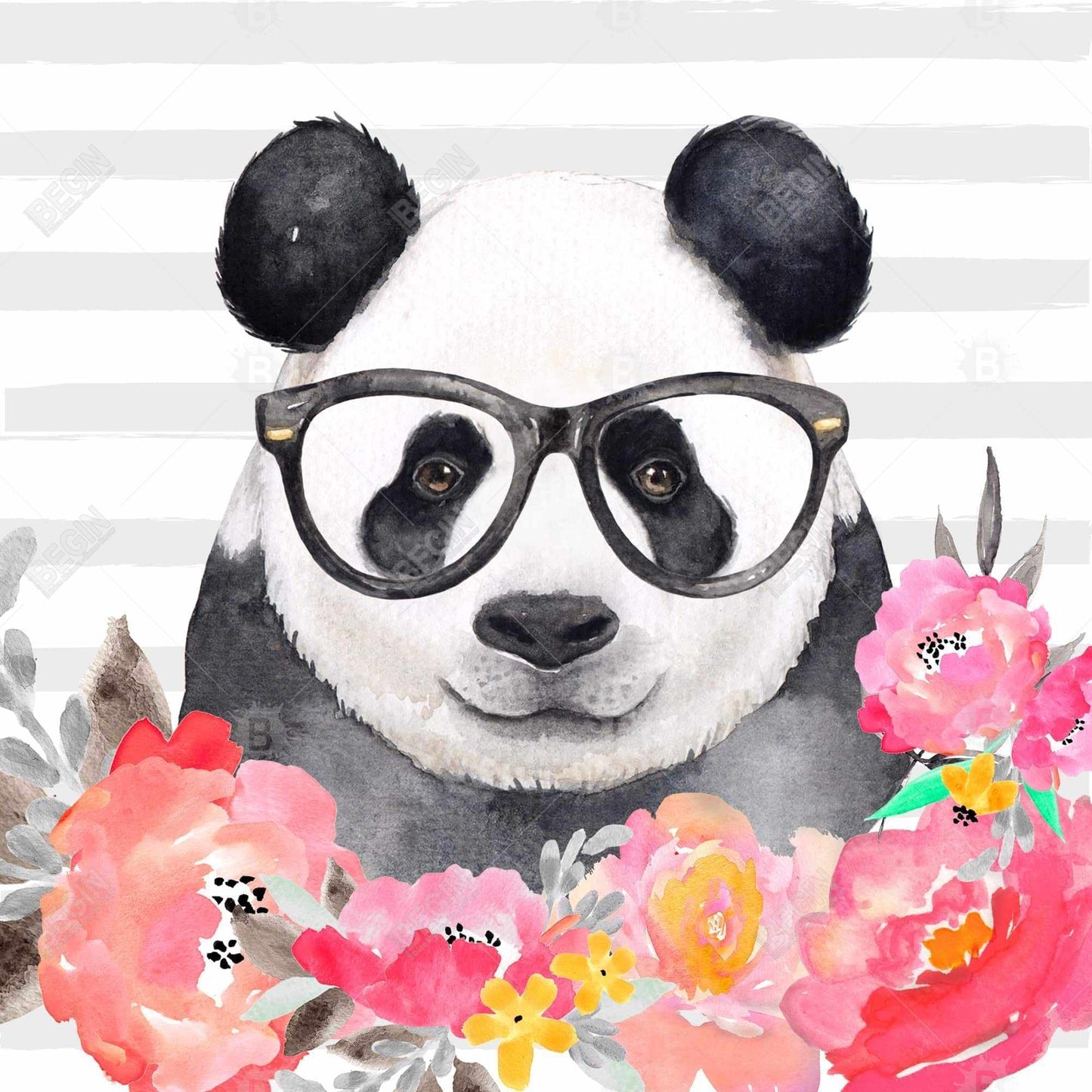 Panda with Glasses Flowers Canvas - Kids Room Art Decor