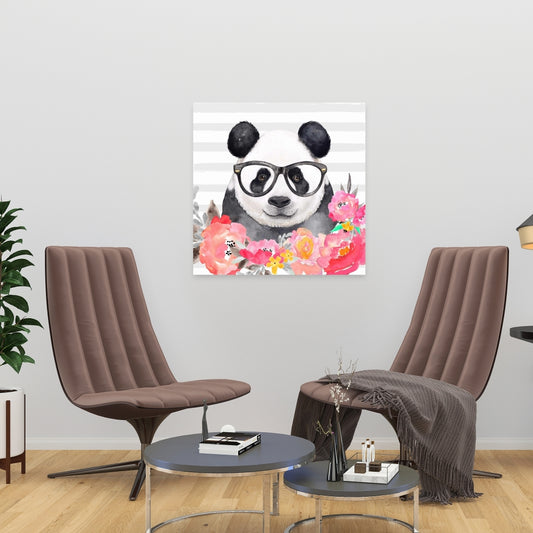 Panda with Glasses Flowers Canvas - Kids Room Art Decor